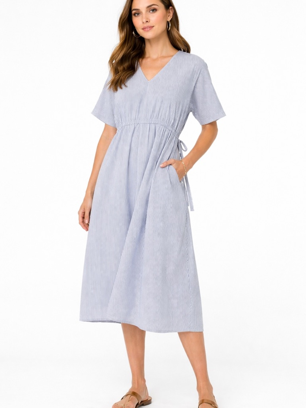 Jarbo Light Blue Striped V-Neck Midi Dress